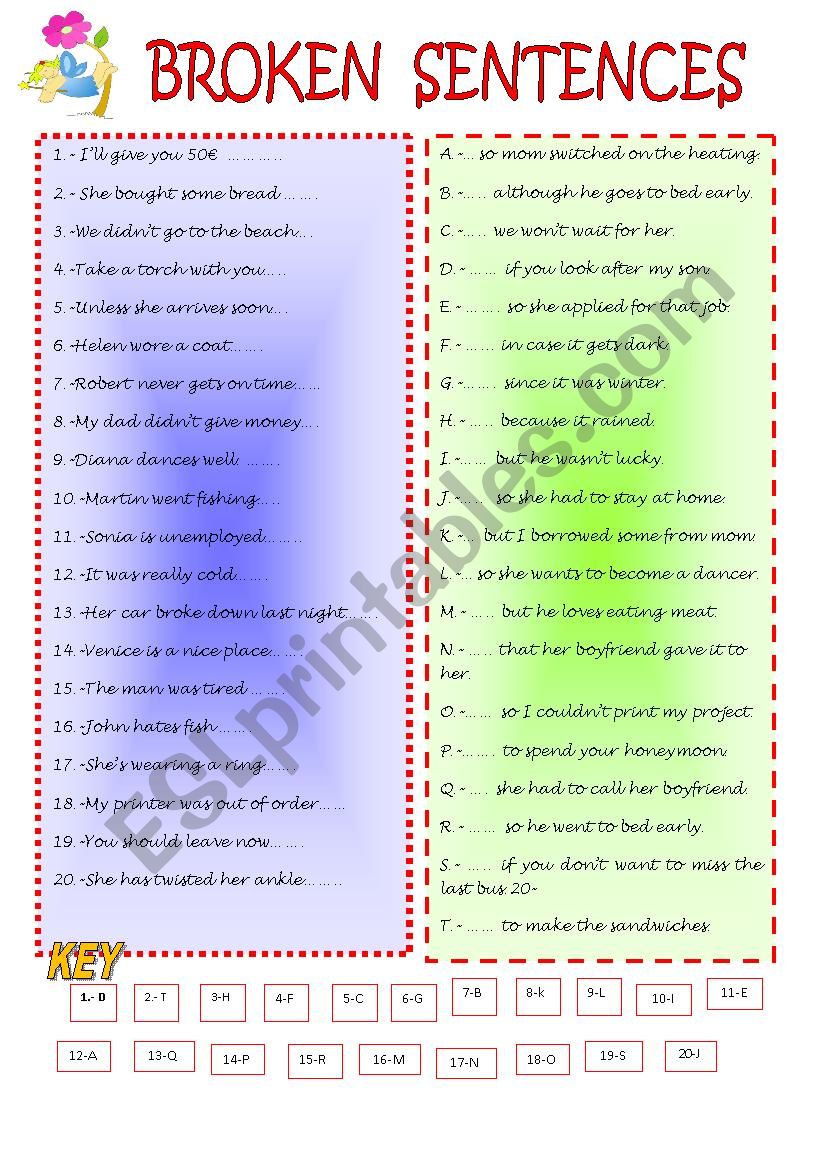 BROKEN SENTENCES worksheet