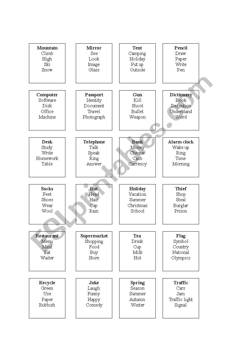 Taboo game worksheet