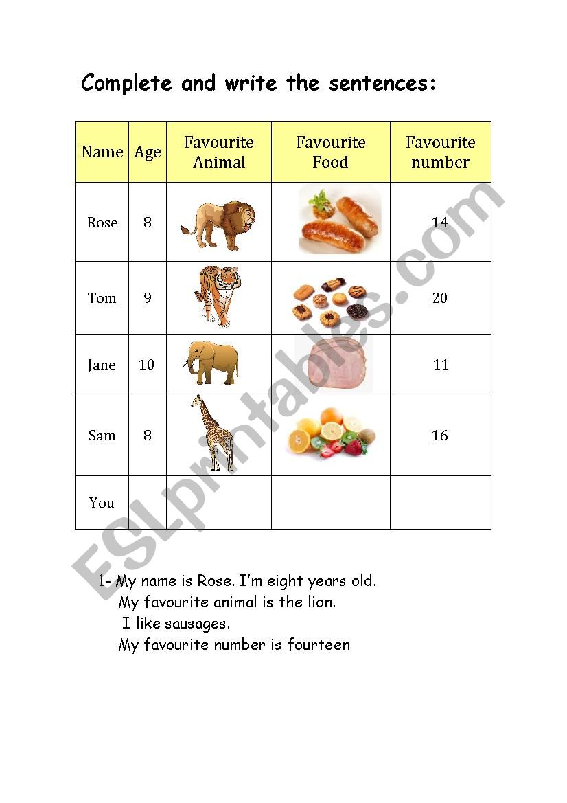 My favourite things worksheet