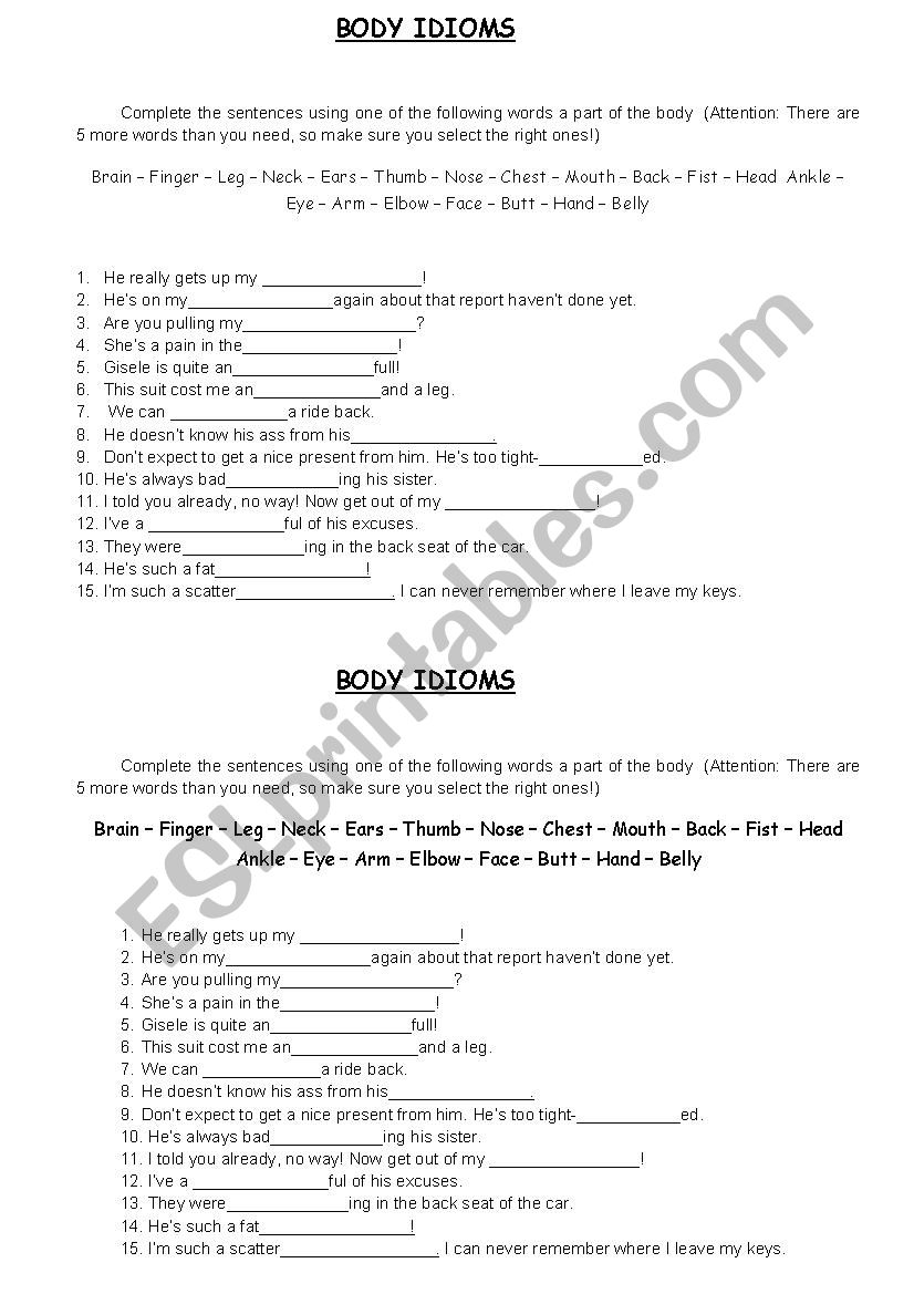 Body Idioms worksheet