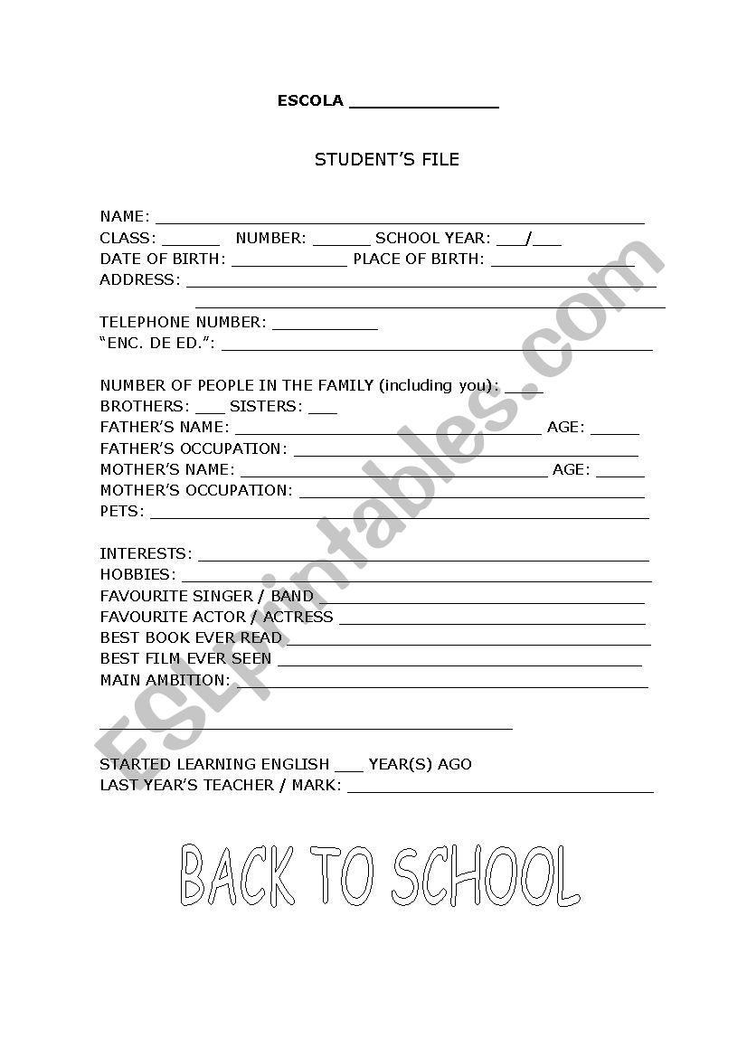 Students File worksheet