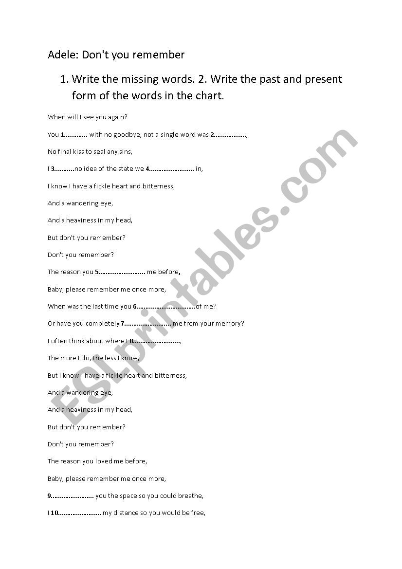 Adele DonÂ´t you remember. worksheet