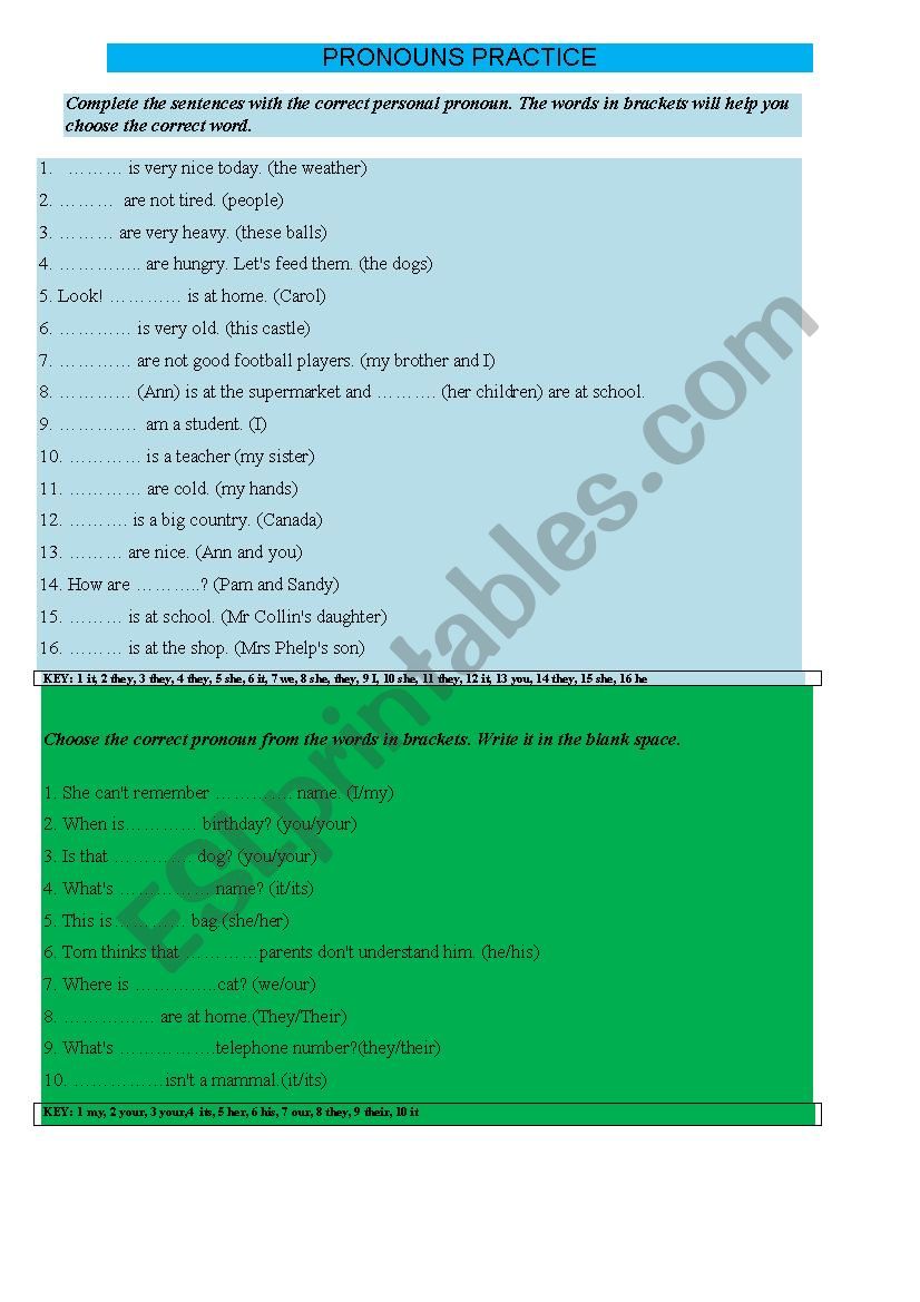 Pronouns practice (+ key) (subject, object prononuns, possessive adjectives and long possessives)