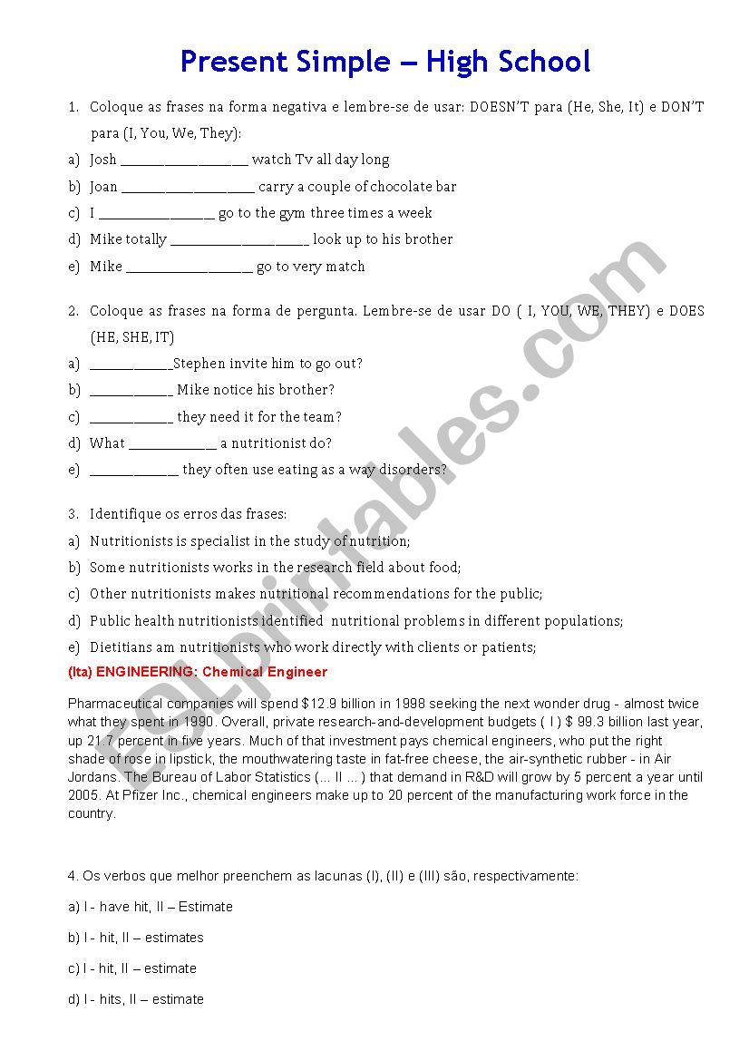 High school Present Simple test