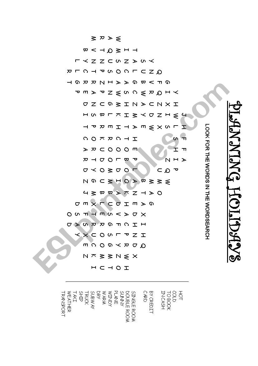 PLANNING HOLIDAYS WORDSEARCH worksheet