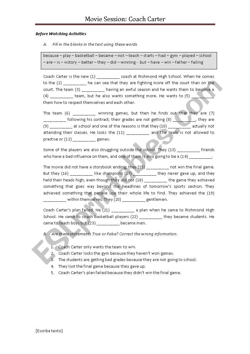 Movie Session: Coach Carter worksheet