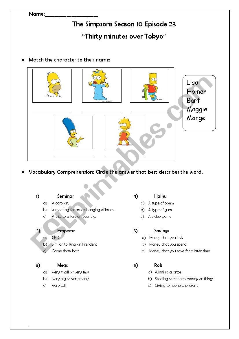 The Simpsons S10E23 Thirty minutes over Tokyo worksheet