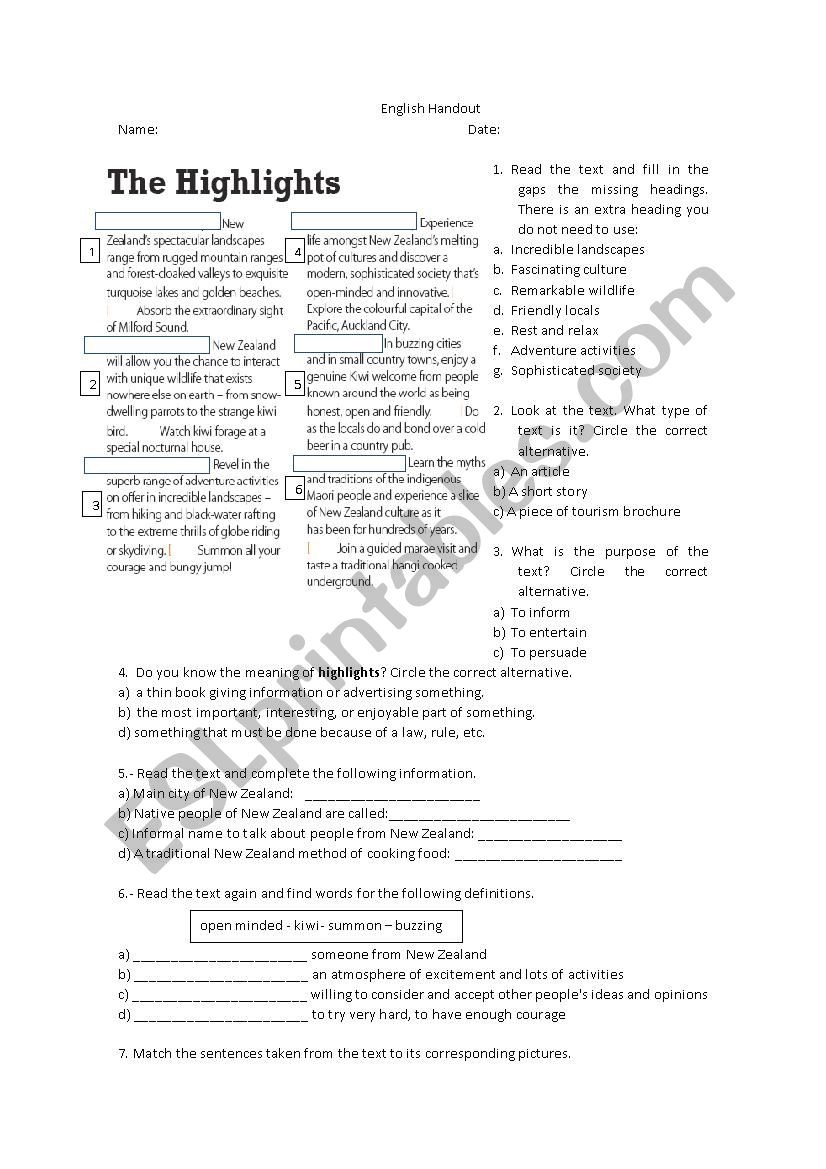 New Zealand  worksheet