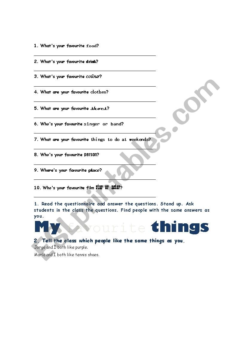 My Favourite Things worksheet