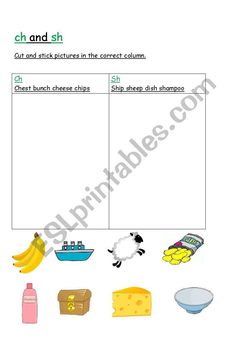 ch and sh worksheet, cut and sick