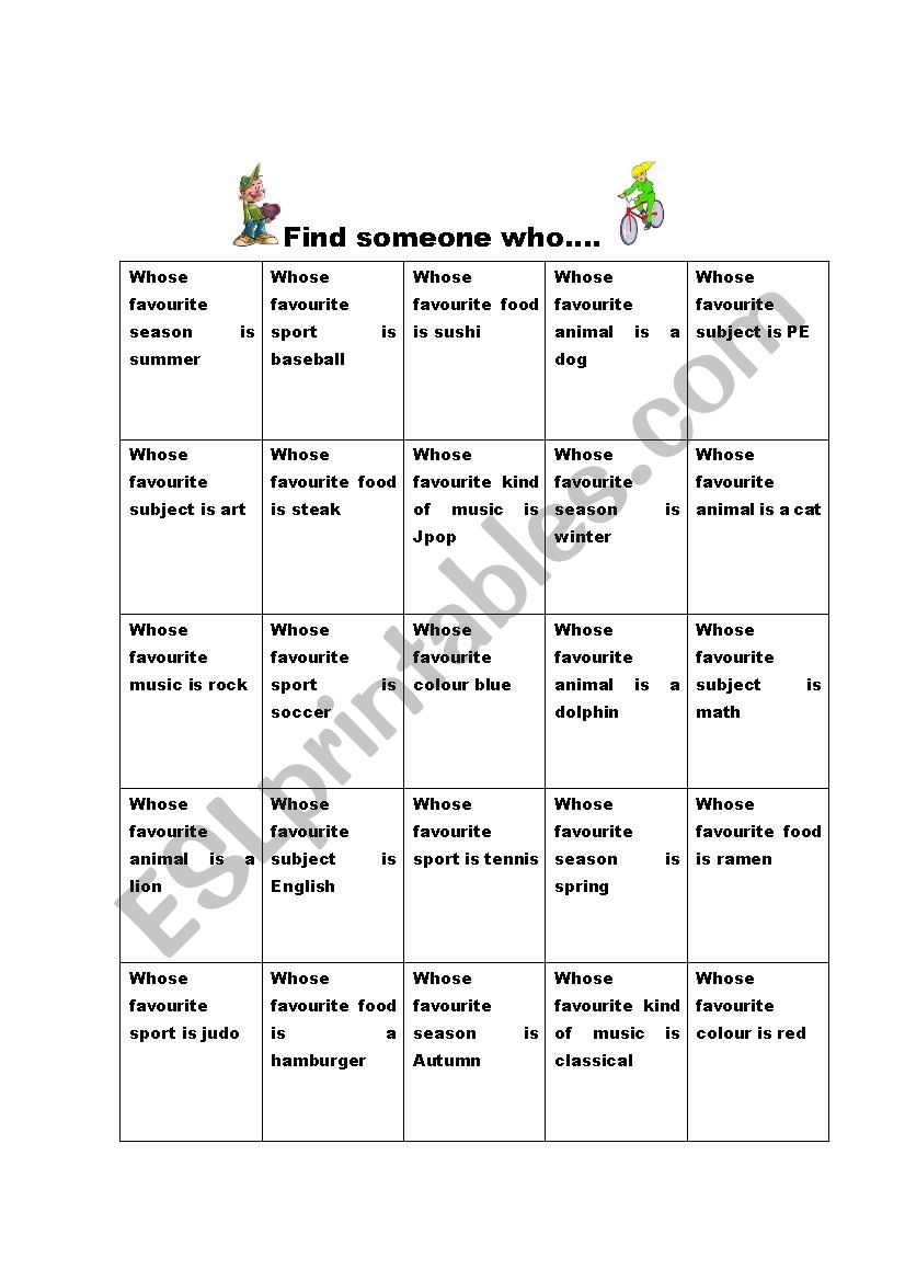 find someone whose favourite worksheet