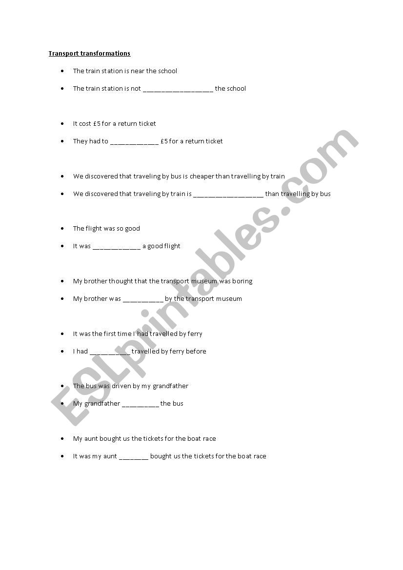 PET Exam Sentence transformations (Transport topic)