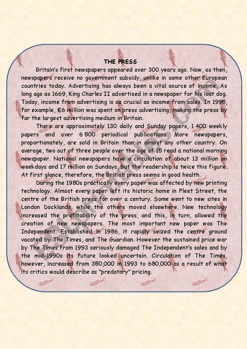 The press in Great Britain worksheet