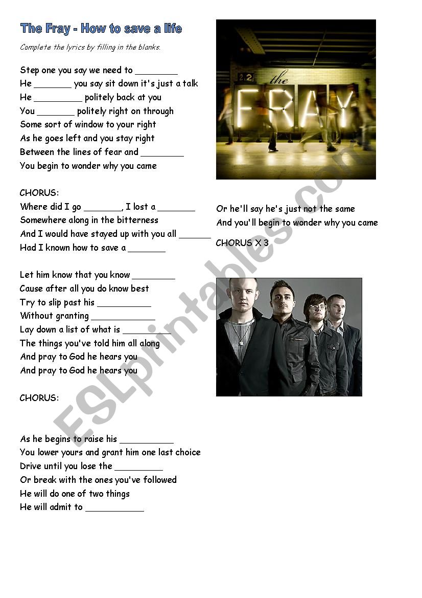 The Fray - How to save a life worksheet