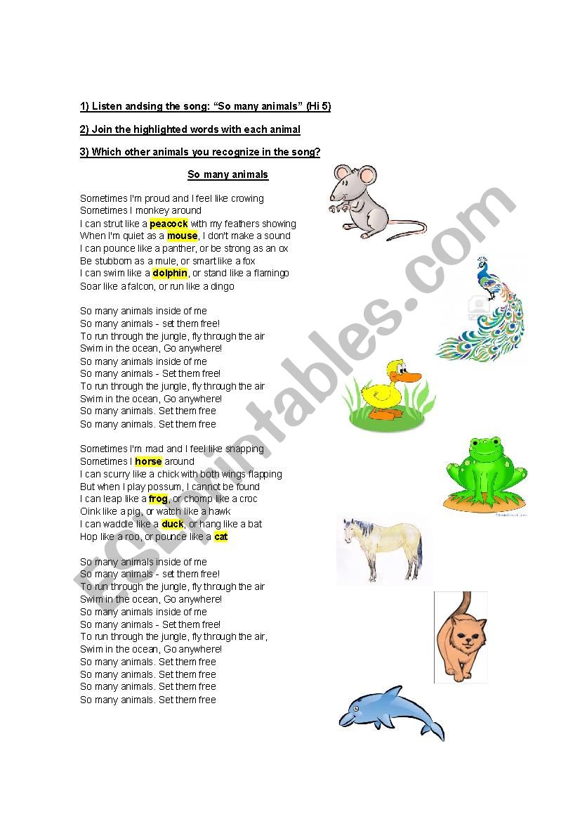 Songs for kids: So Many Animals by Hi5 - ESL worksheet by 84leandrin Songs for kids: So Many Animals by Hi5 - ESL worksheet by 84leandrin