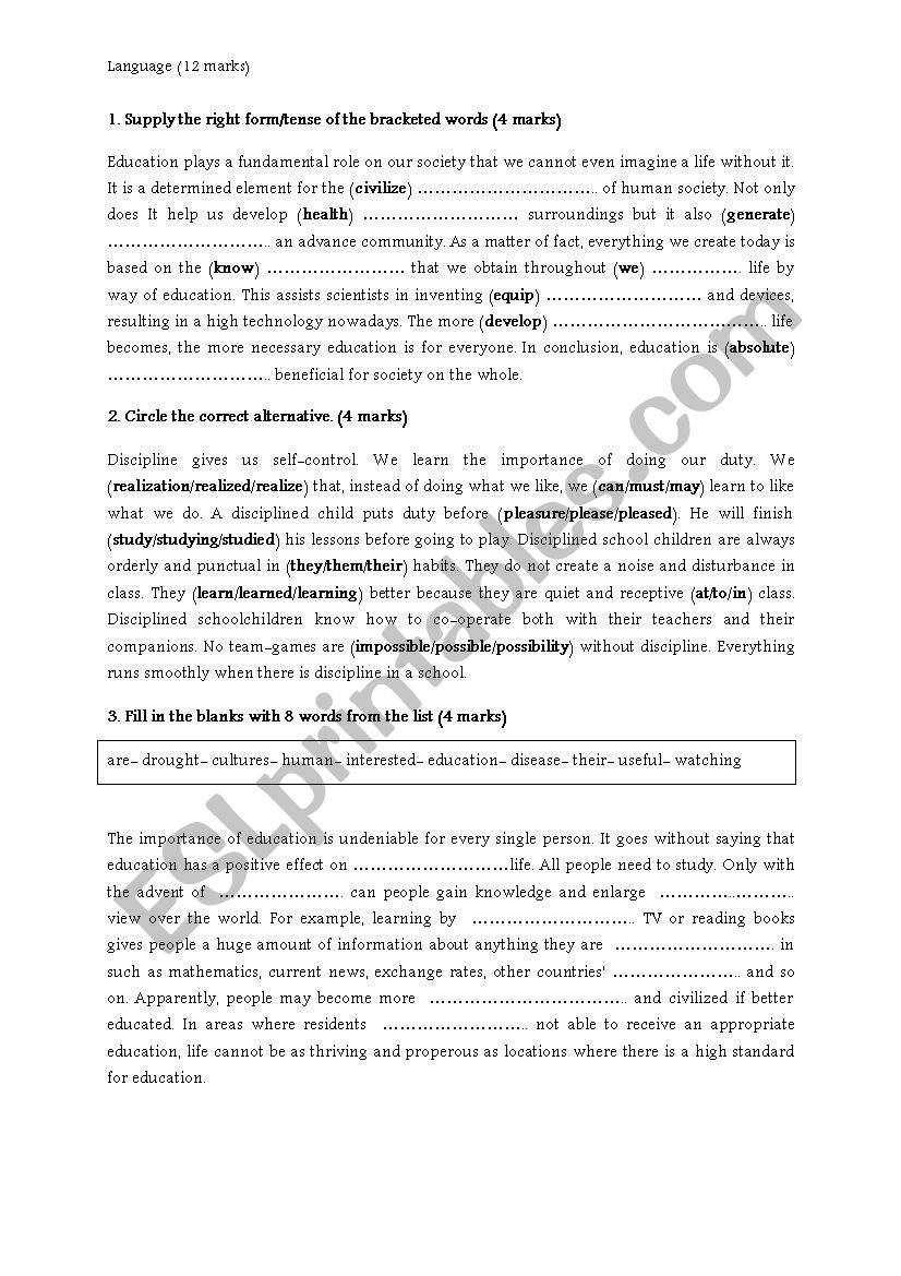 Language activities worksheet