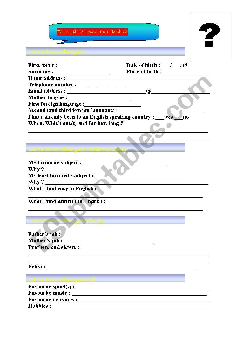 identity - the get to know me id sheet