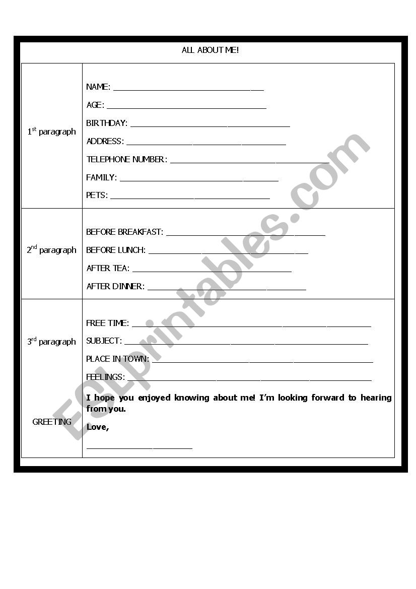 writing:all about me worksheet