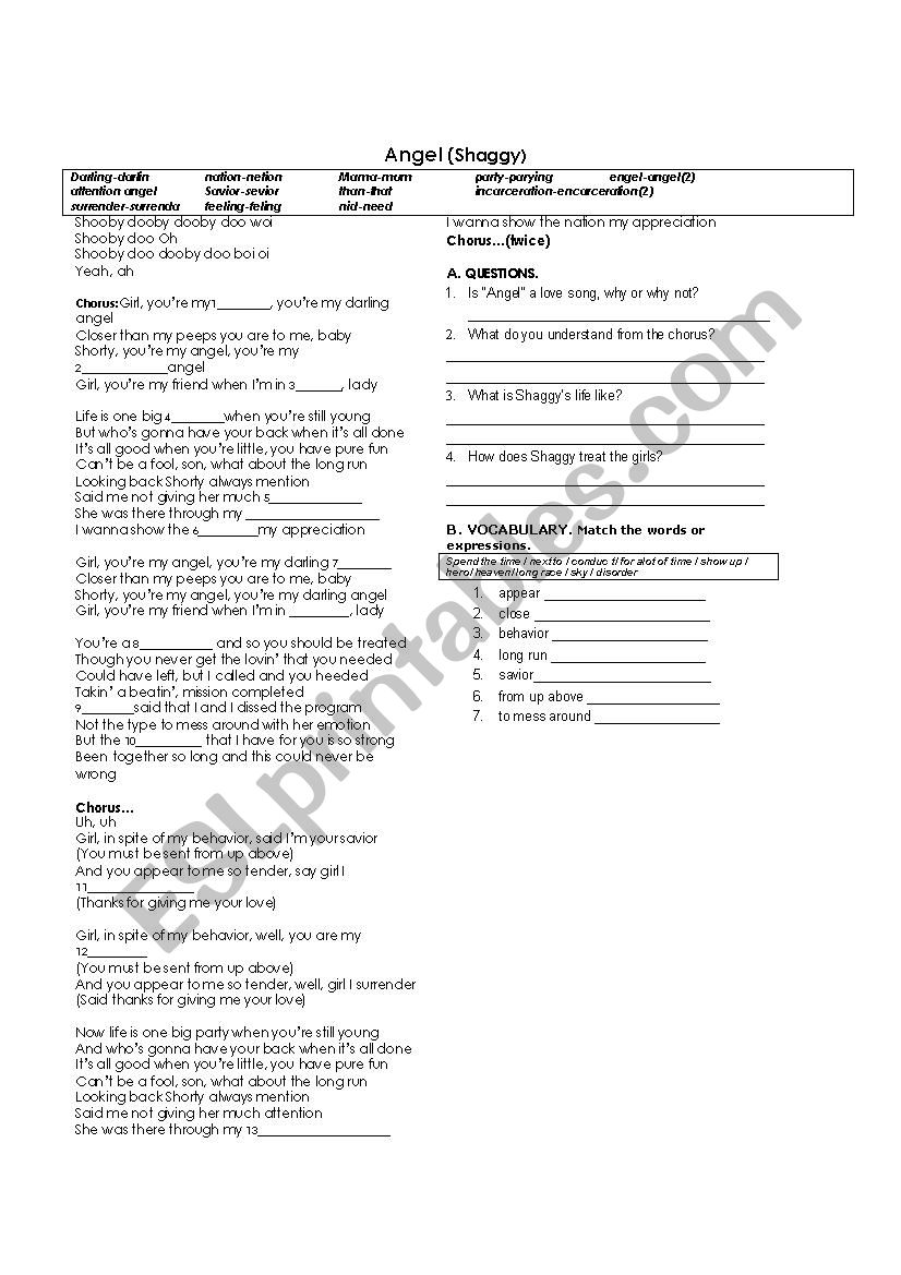 Song: Angel worksheet