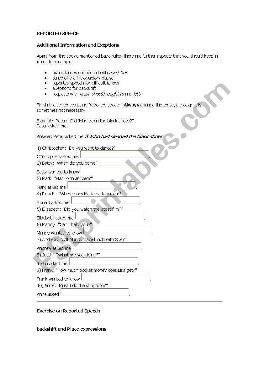 Reported Speech worksheet