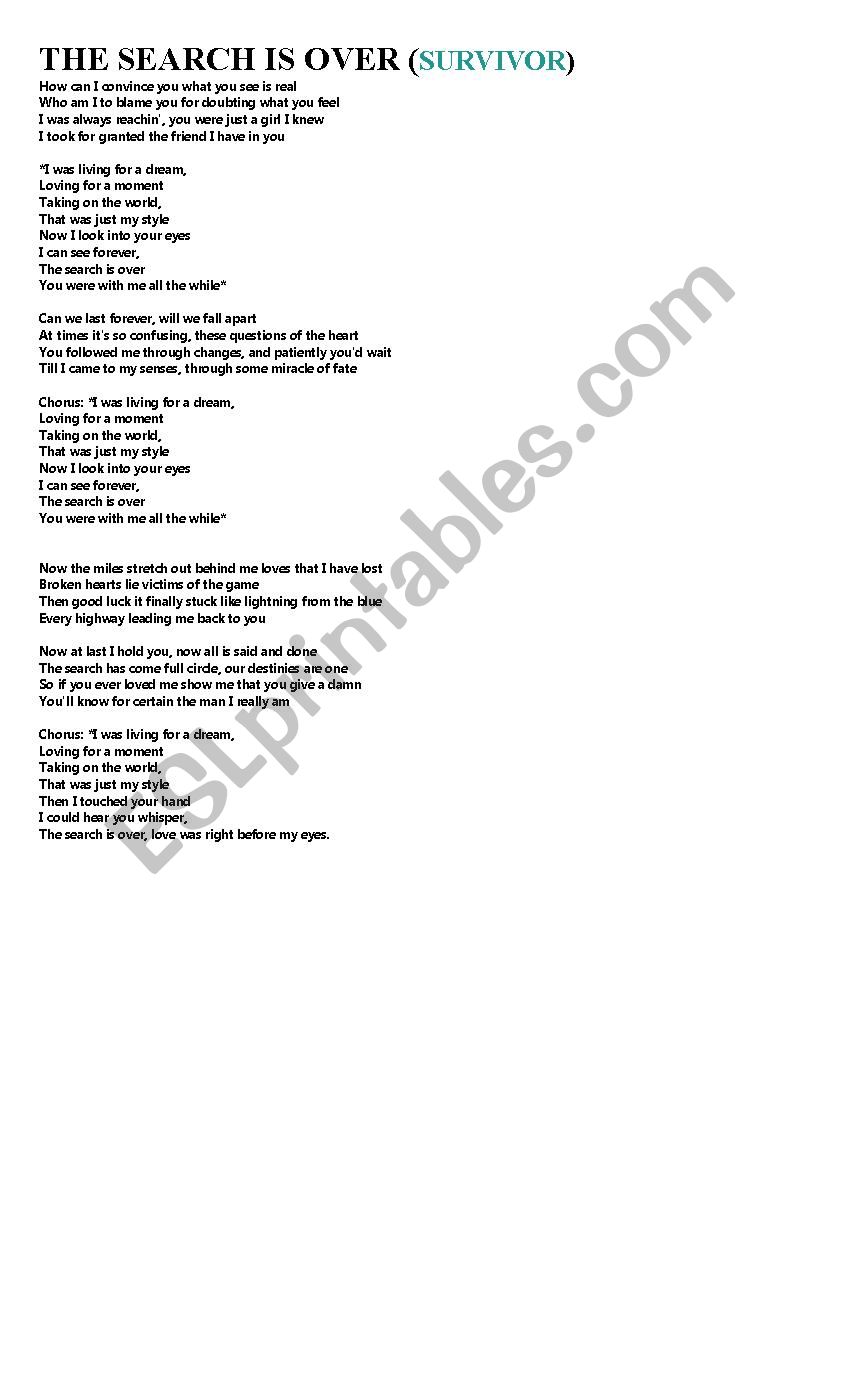 Song: the search is over worksheet