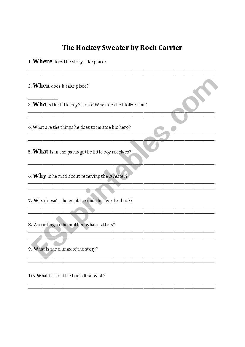 HOckey sweater Roch Carrier worksheet