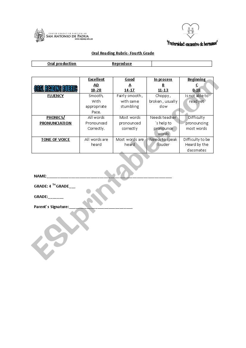 oral reading rubric worksheet