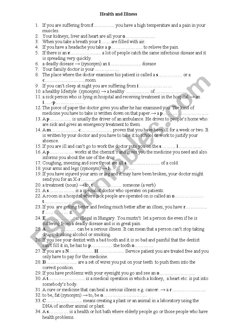 Health and Illnesses worksheet