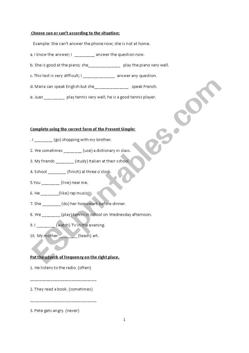 Elementary exam/revision worksheet