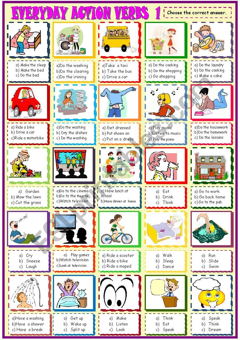 EVERYDAY ACTION VERBS/MULTIPLE CHOICE ACTIVITY