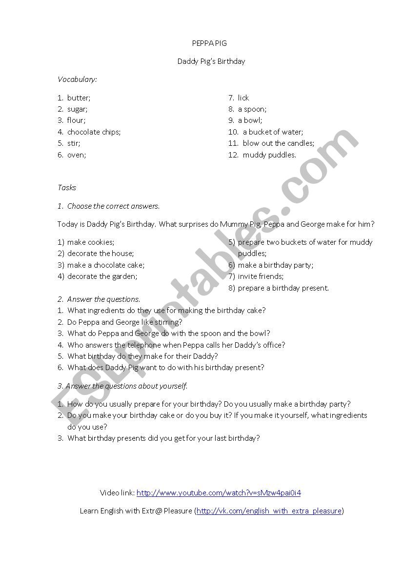 Peppa Pig. Daddy Pigs Birthday. Video Worksheet.