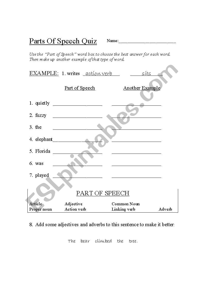 English Worksheets Parts Of Speech Quiz