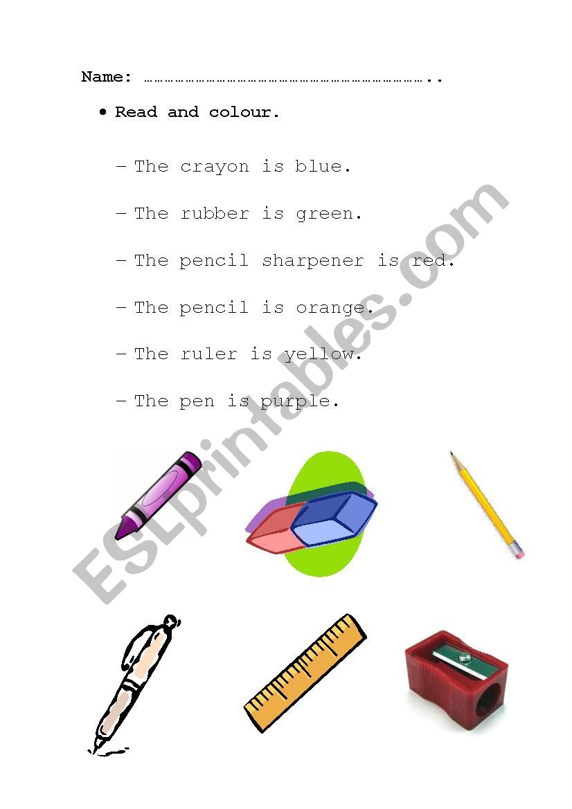 Classroom objects + colours worksheet