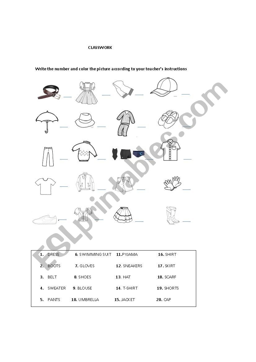 clothes worksheet