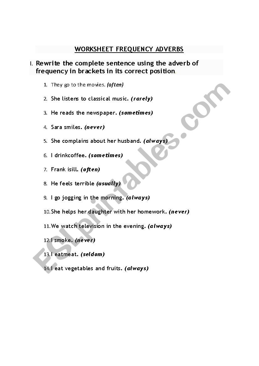 worksheet frecuency adverbs worksheet