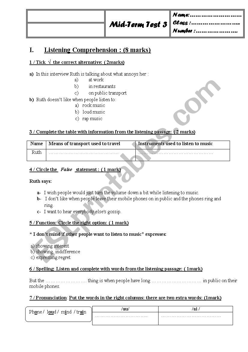 mid term test 3 9th form worksheet