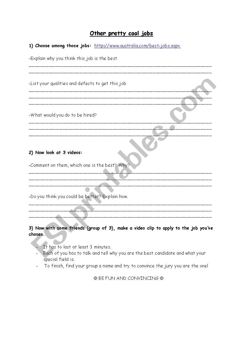 Best jobs in the world worksheet