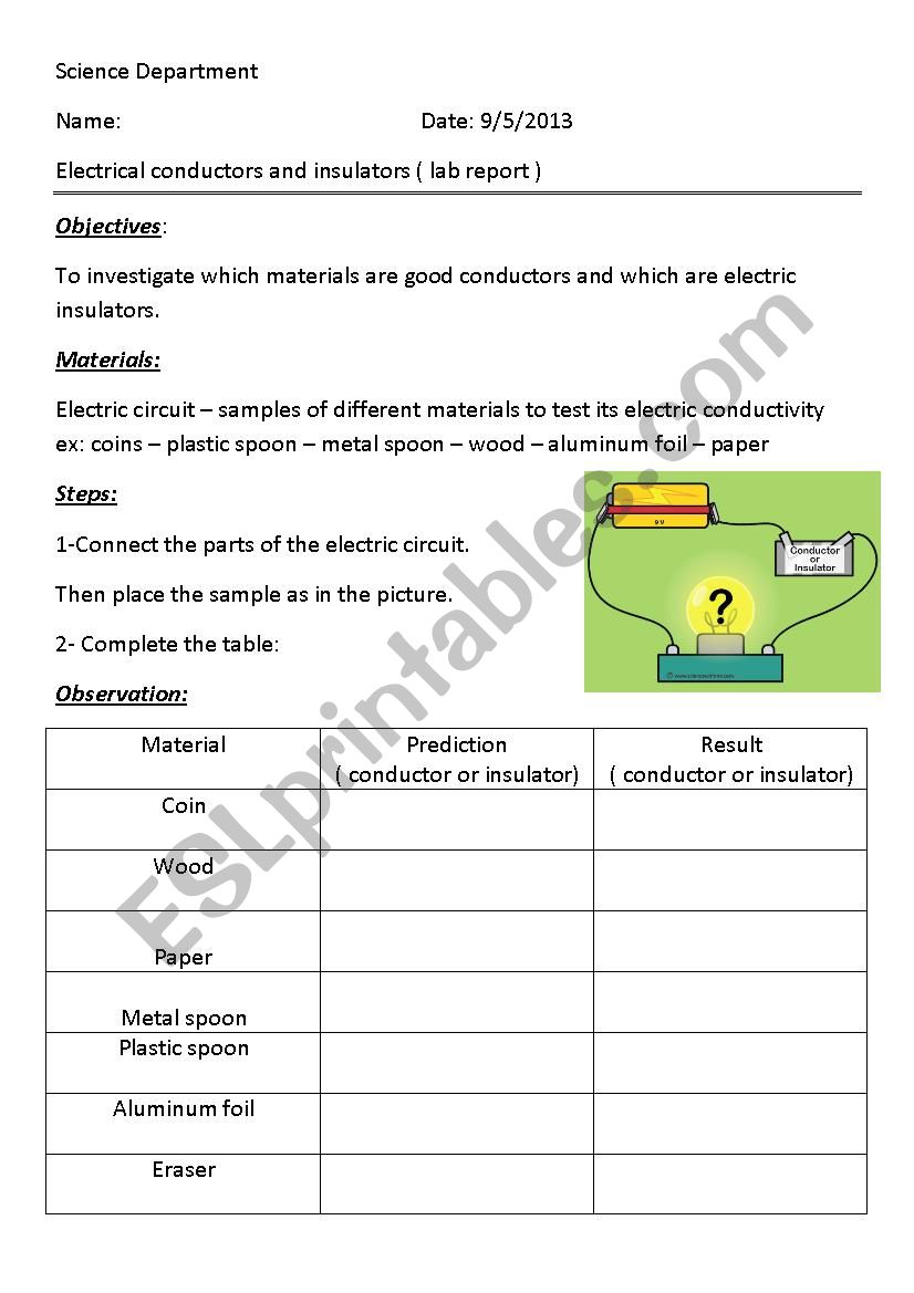 electrical conductors and insulators - ESL worksheet by dinaammar Pertaining To Conductors And Insulators Worksheet