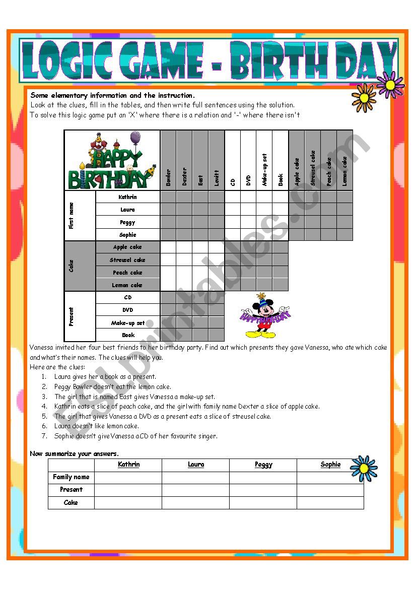 Logic Game No. 13 - BIRTHDAY worksheet