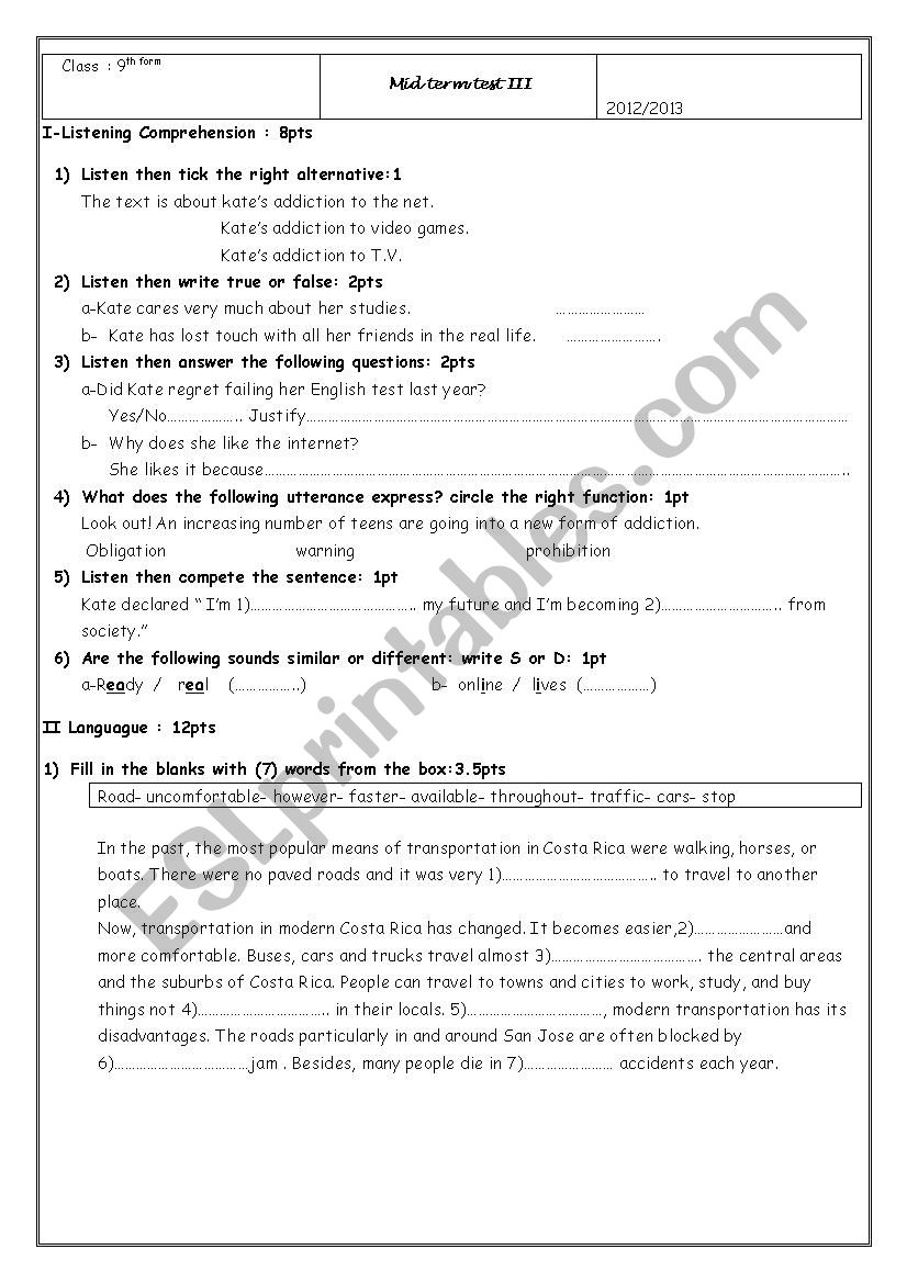 9th form test worksheet