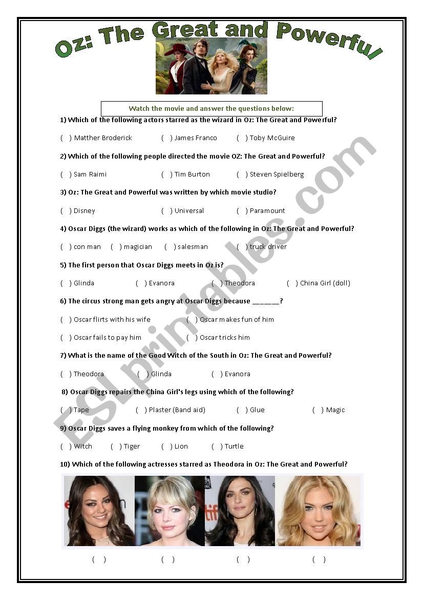 Oz The Great and Powerful - Movie Worksheet