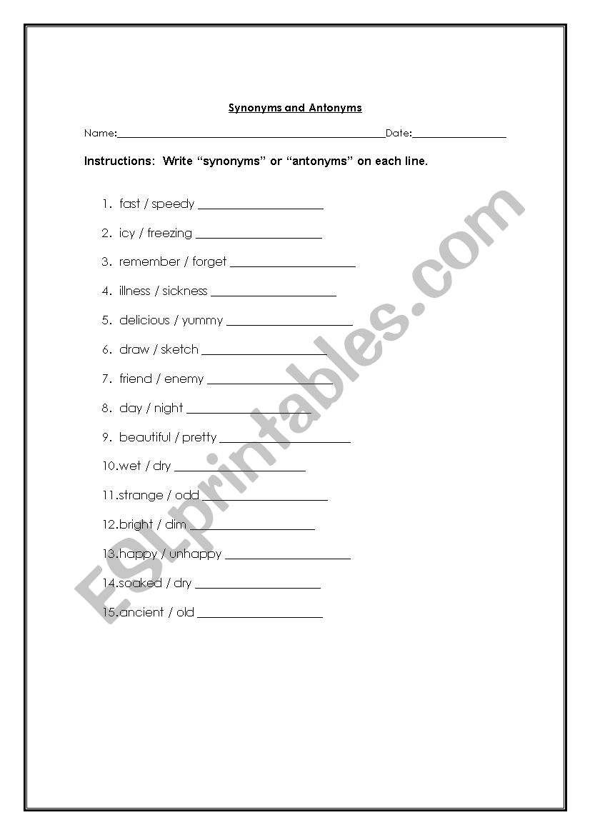 Synonyms, Antonyms worksheet