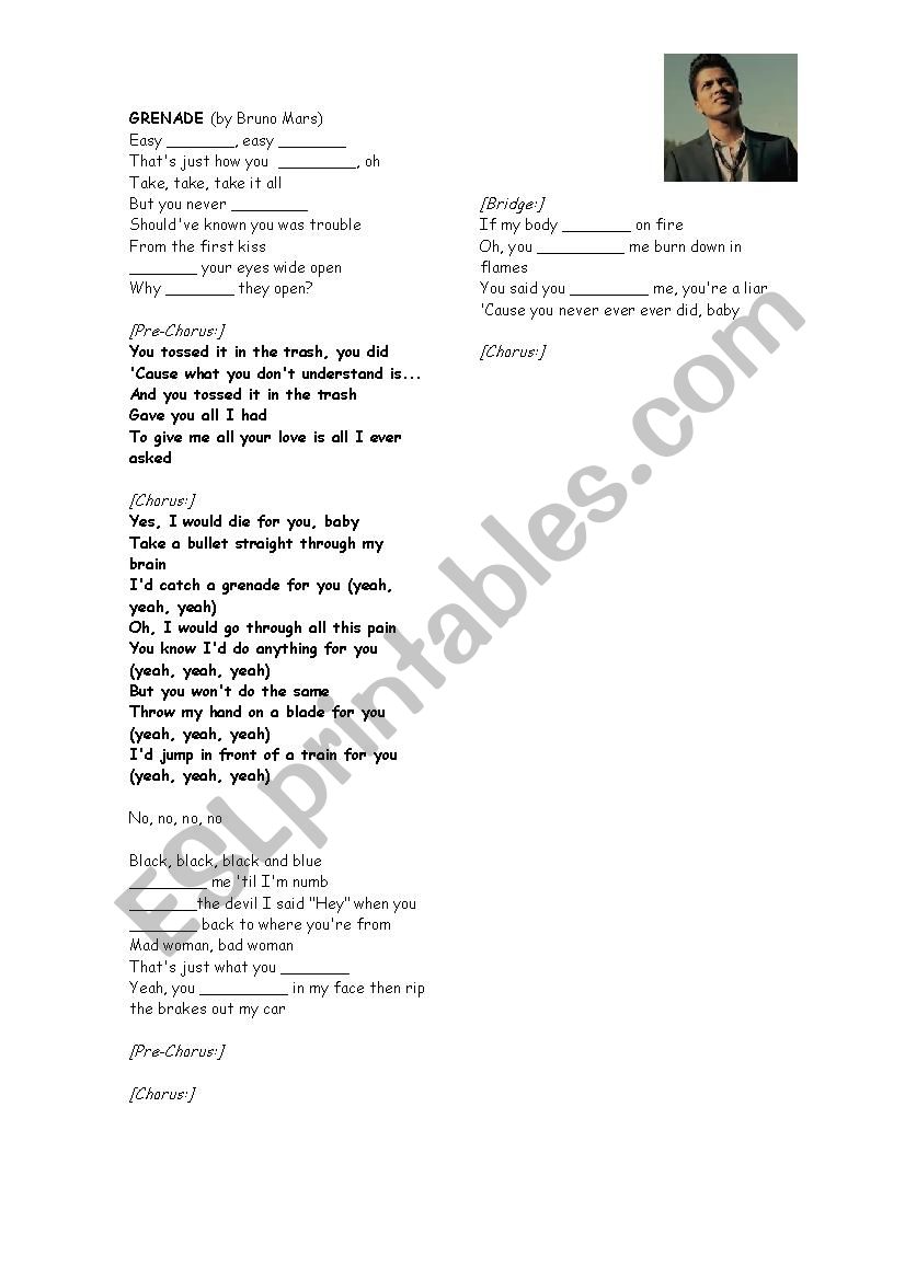 Grenade (by Bruno Mars) worksheet