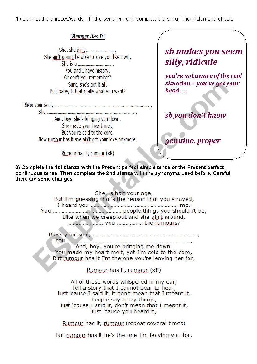 Rumour Has It worksheet