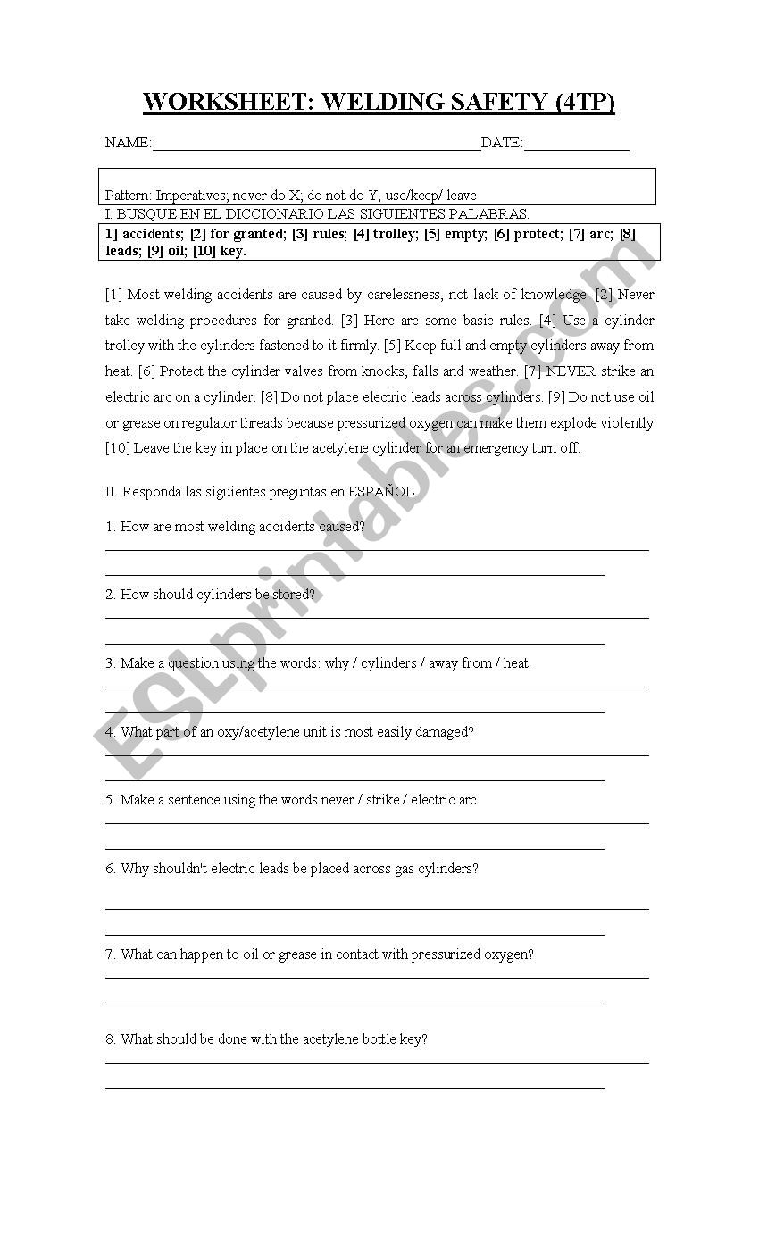 welding safety worksheet