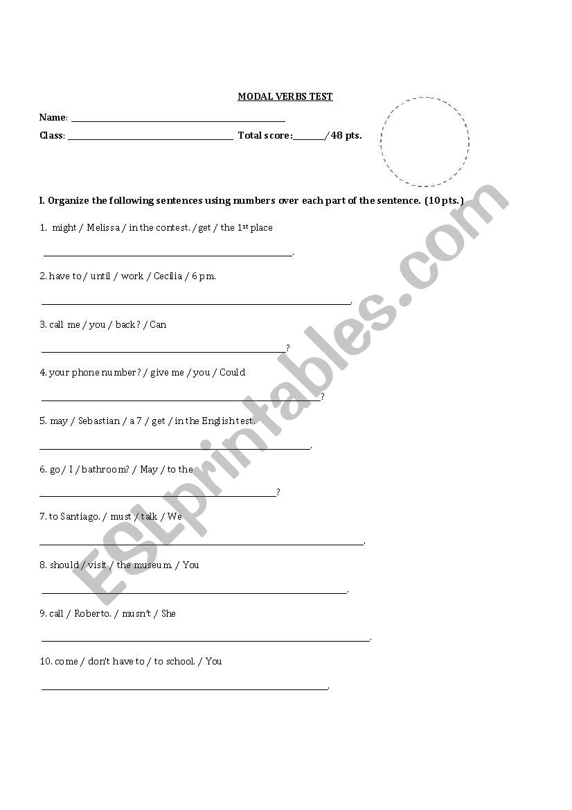 Modal Verbs Test worksheet