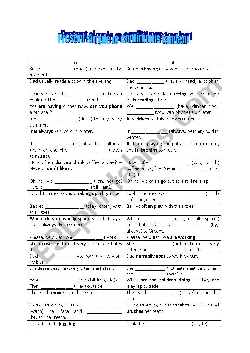 present simple or continuous tandem exercise