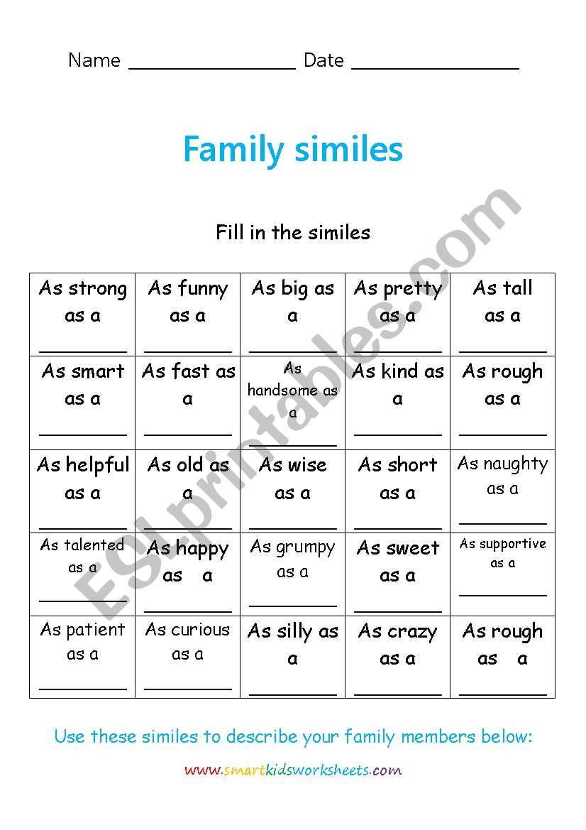 Family similes worksheet