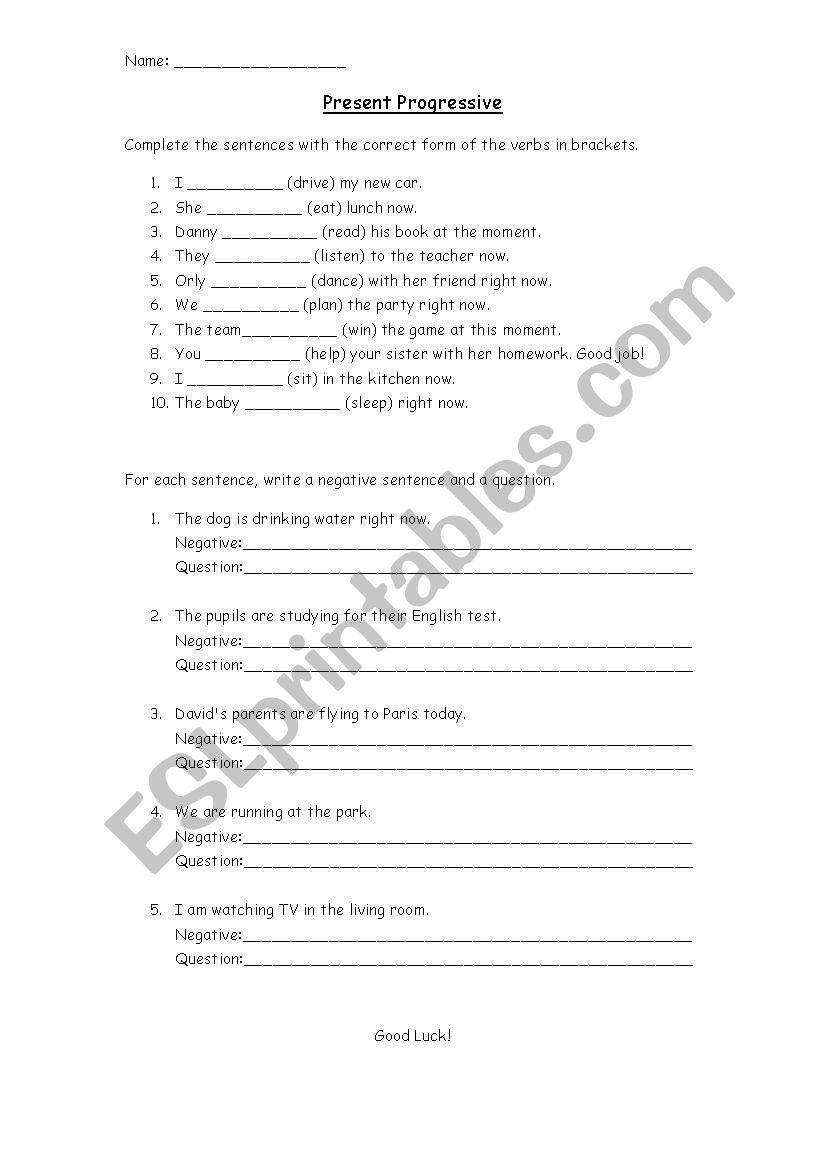 Present Progressive Worksheet worksheet