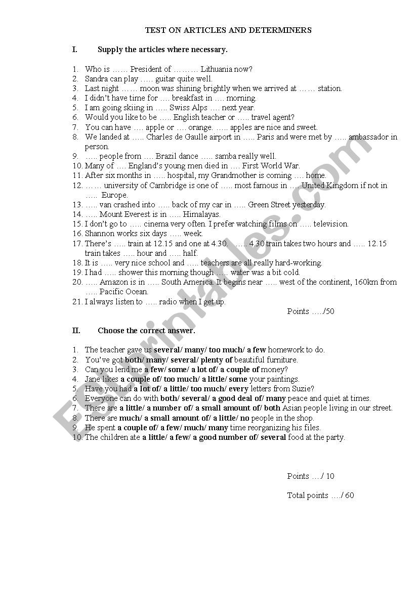 Test on articles and quantifiers